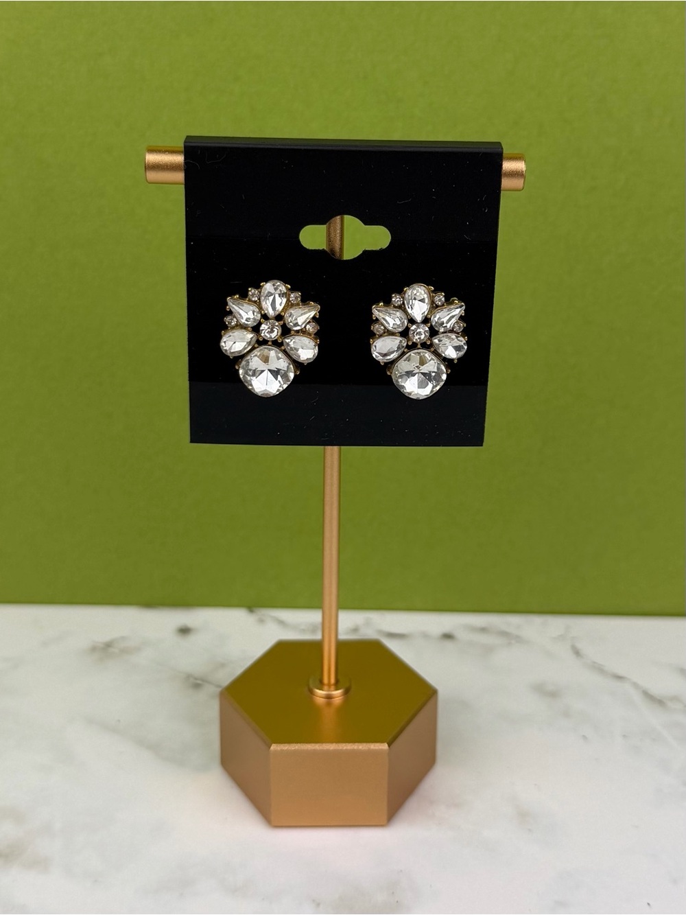 J Crew Crystal Floral Cluster Stud Earrings – Gold Tone & Clear Rhinestones